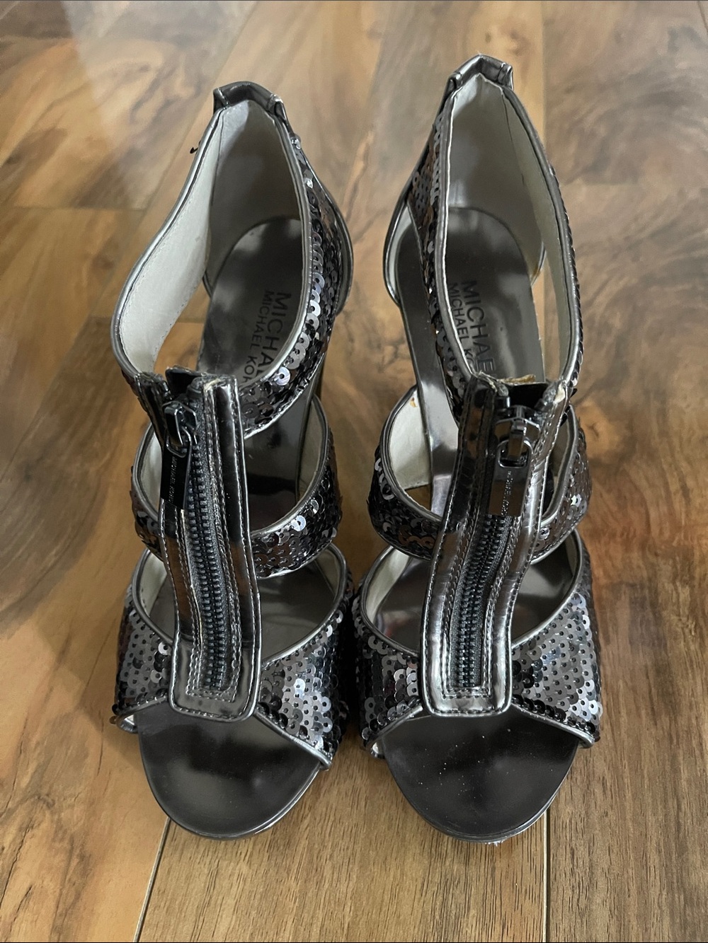 Michael Kors Black Sequin Zip-Front Stiletto Sandals